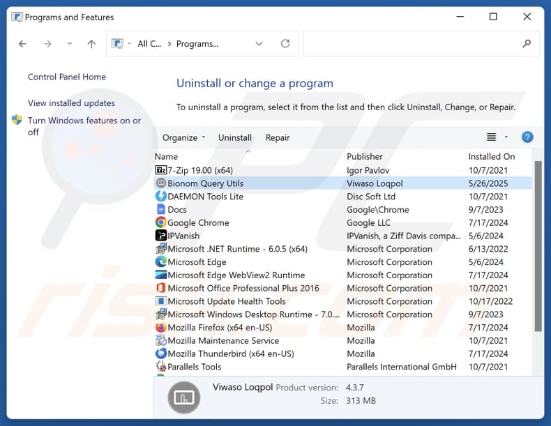 Bionom Query Utils uninstall via Control Panel