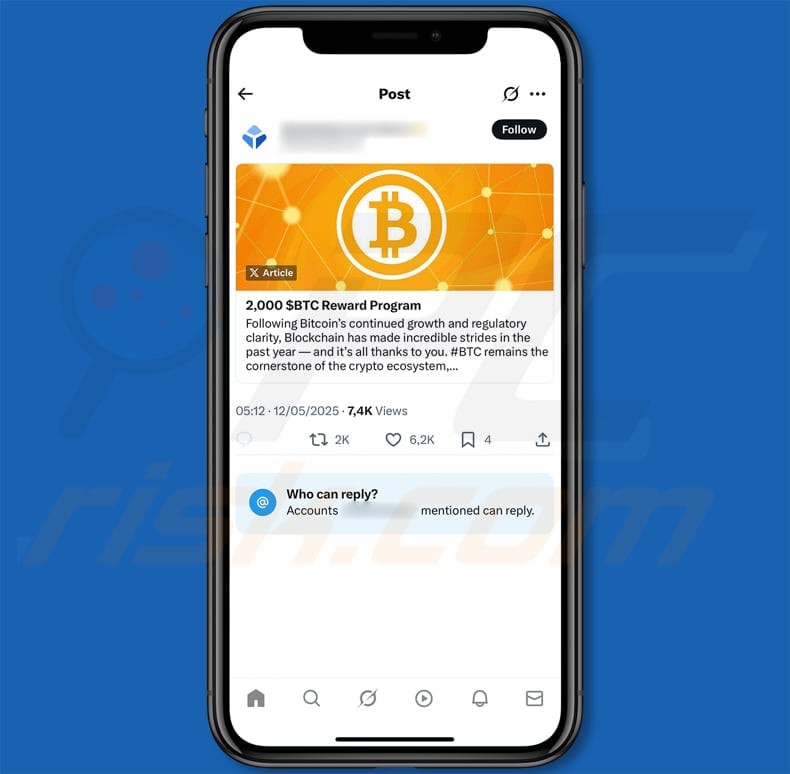 Bitcoin Reward Program Scam X post promoting the scam