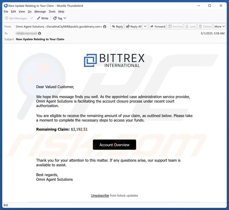 Bittrex Remaining Claim email spam campaign
