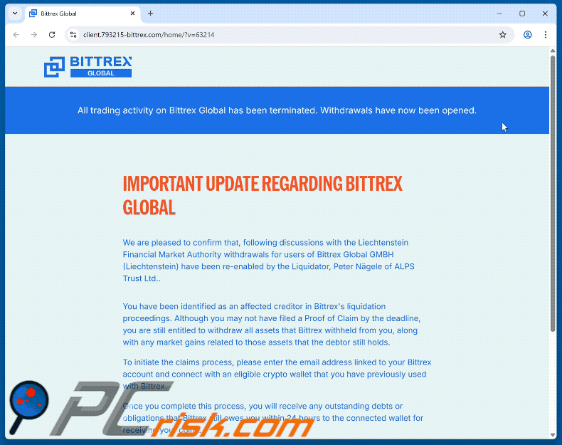 Bittrex remaining claim email scam deceptive website (client.793215-bittrex.com)