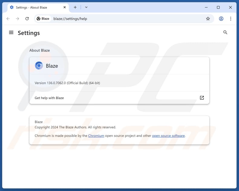 Blaze Browser unwanted app about page