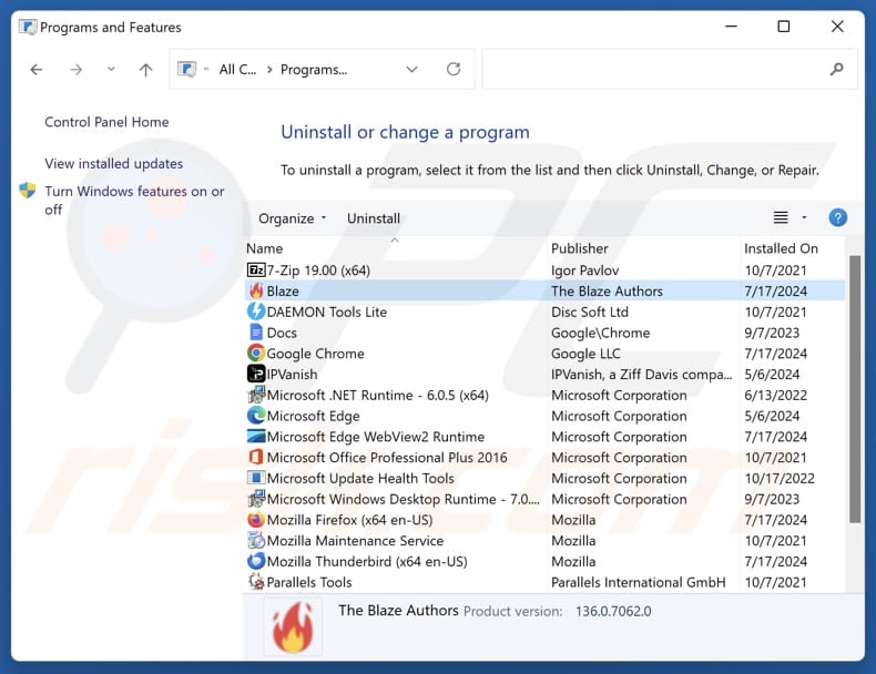 Blaze Browser uninstall via Control Panel