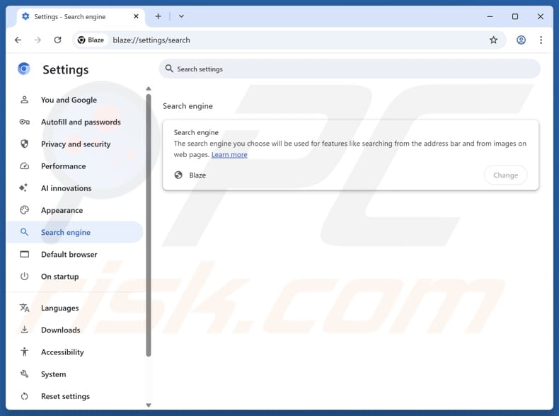 Blaze Browser search engine cannot be changed