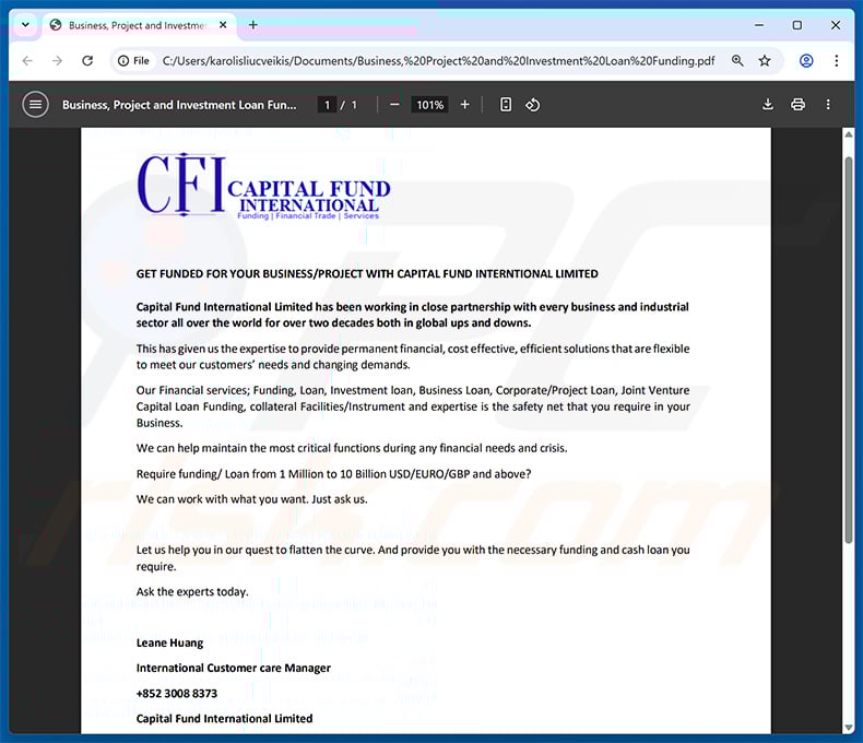 PDF file attached to Capital Fund International spam email