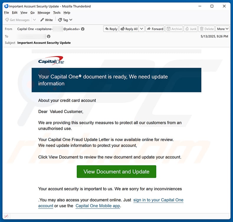 Capital One - Document Is Ready email scam (2025-05-14)