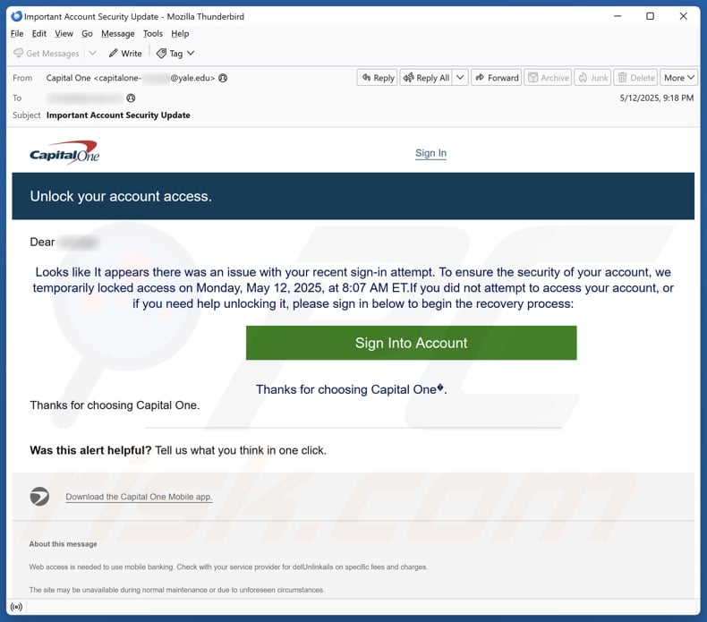 Capital One - Unlock Your Account Access email spam campaign