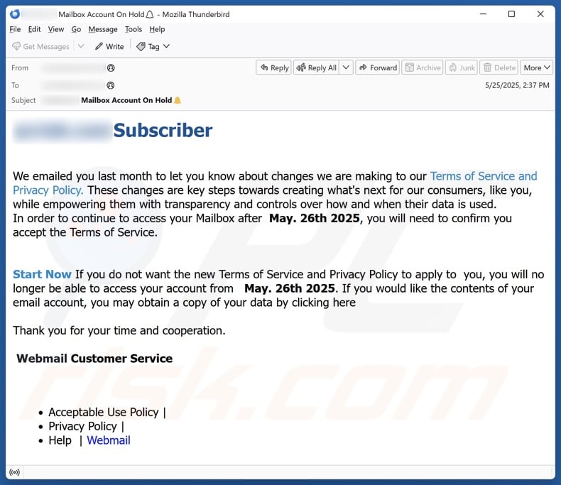 Changes To Terms Of Service And Privacy Policy email spam campaign