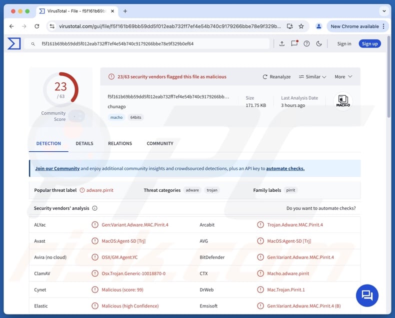 Chunago.app adware detections on VirusTotal
