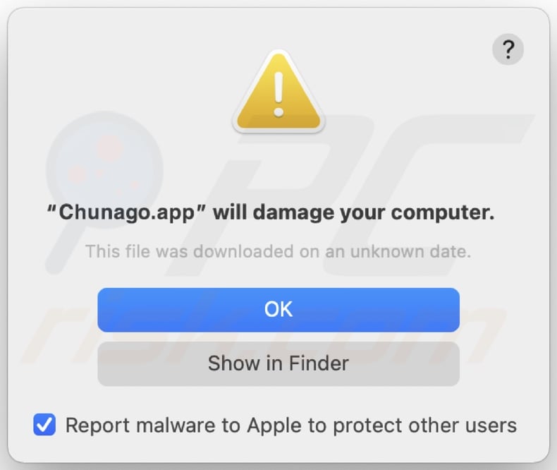 Pop-up displayed when Chunago.app adware is detected on the system