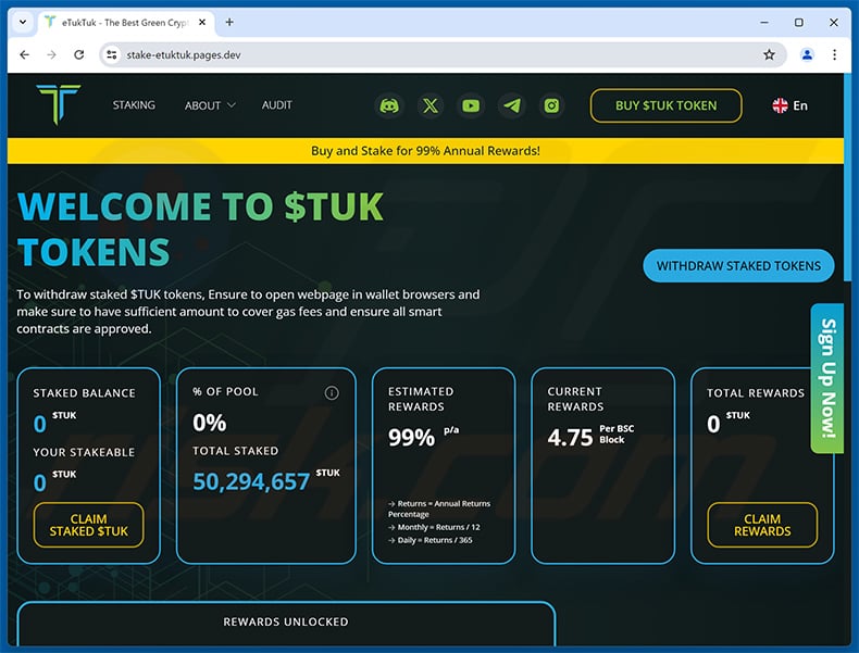 Claim $TUK drainer scam (stake-etuktuk.pages[.]dev)