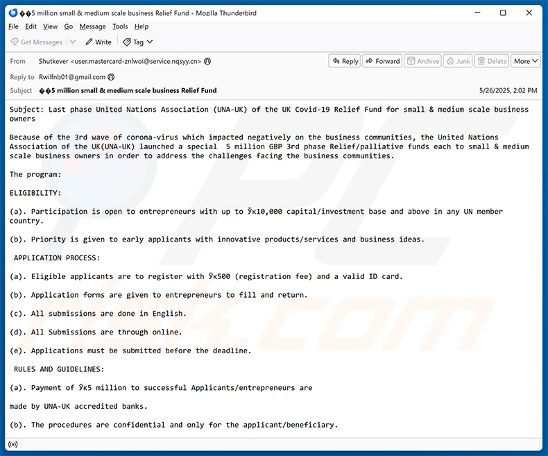 Covid-19 Response Fund email scam (2025-05-29)