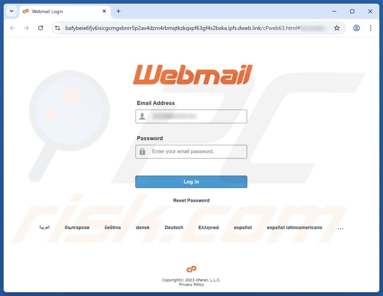 cPanel Password Notification Email Scam phishing website