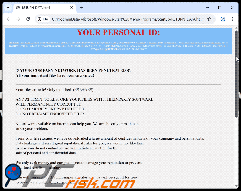 CryptData ransomware ransom note (RETURN_DATA.html)