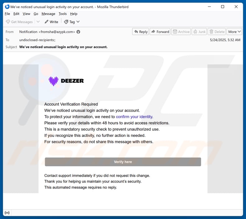 Deezer email spam campaign