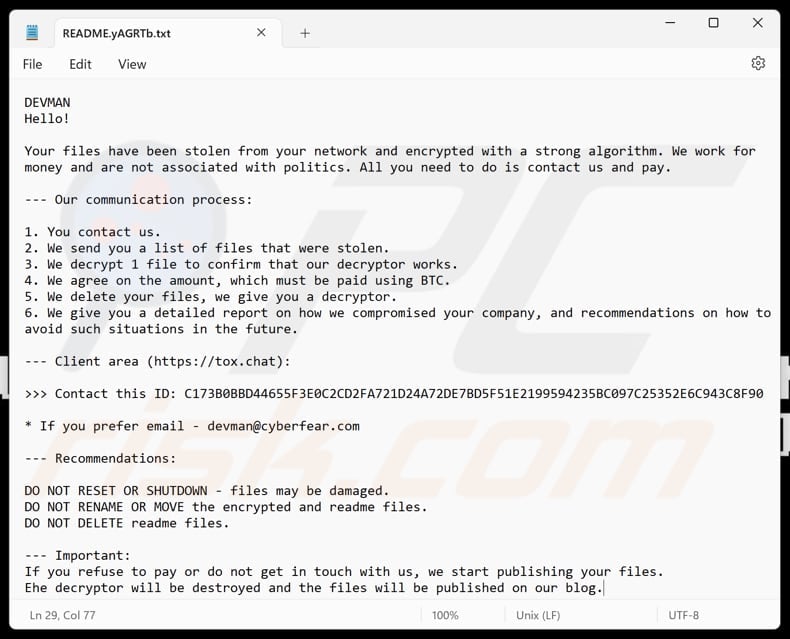 DEVMAN ransomware text file (README.yAGRTb.txt)
