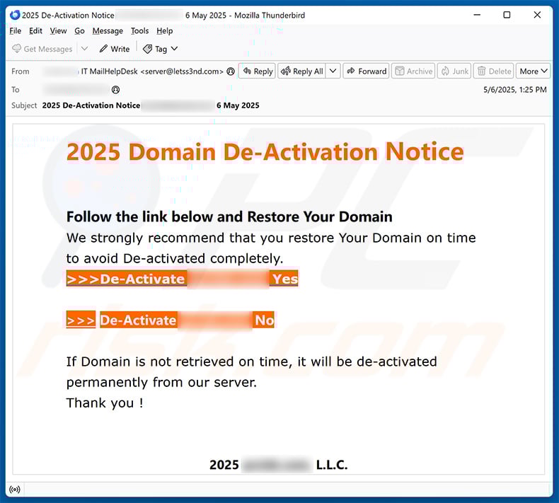 Domain de-activation notice email scam (2025-05-08)