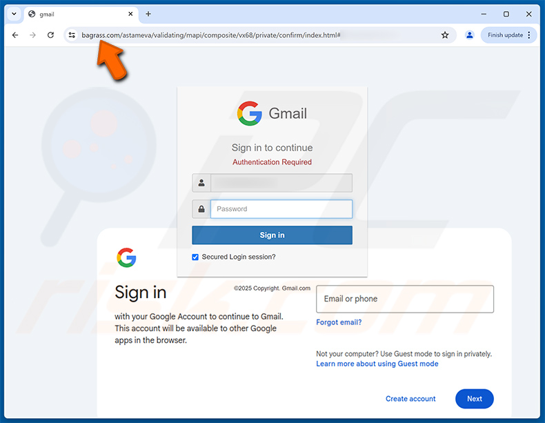 Phishing site promoted via Email password center scam (2025-05-08)