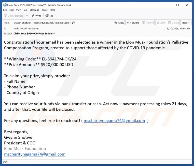 Elon Musk Foundation's Compensation Program email spam campaign