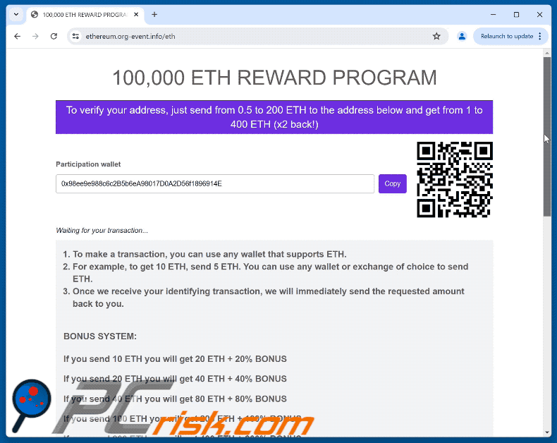 Appearance of Ethereum (ETH) Reward Program scam (GIF)