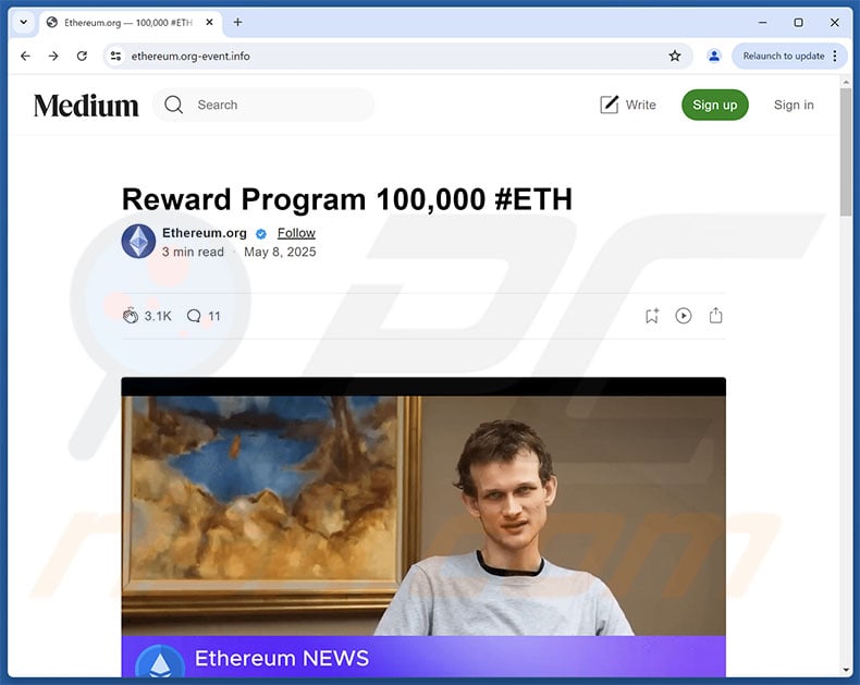 Initial page of the Ethereum (ETH) Reward Program scam