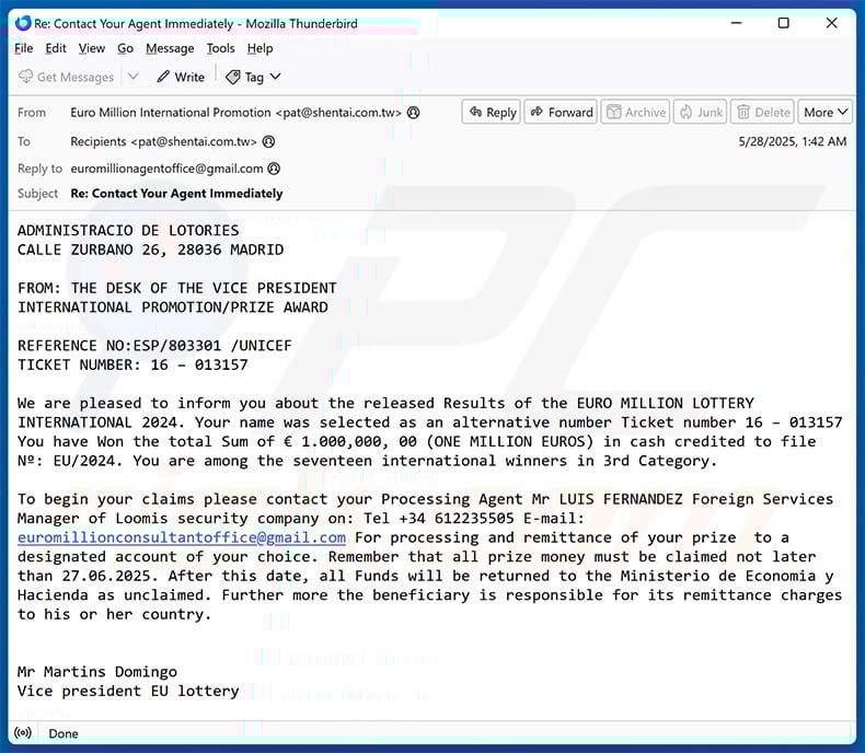 EUROMILLONES LOTERIA INTERNATIONAL email scam (2025-05-29)
