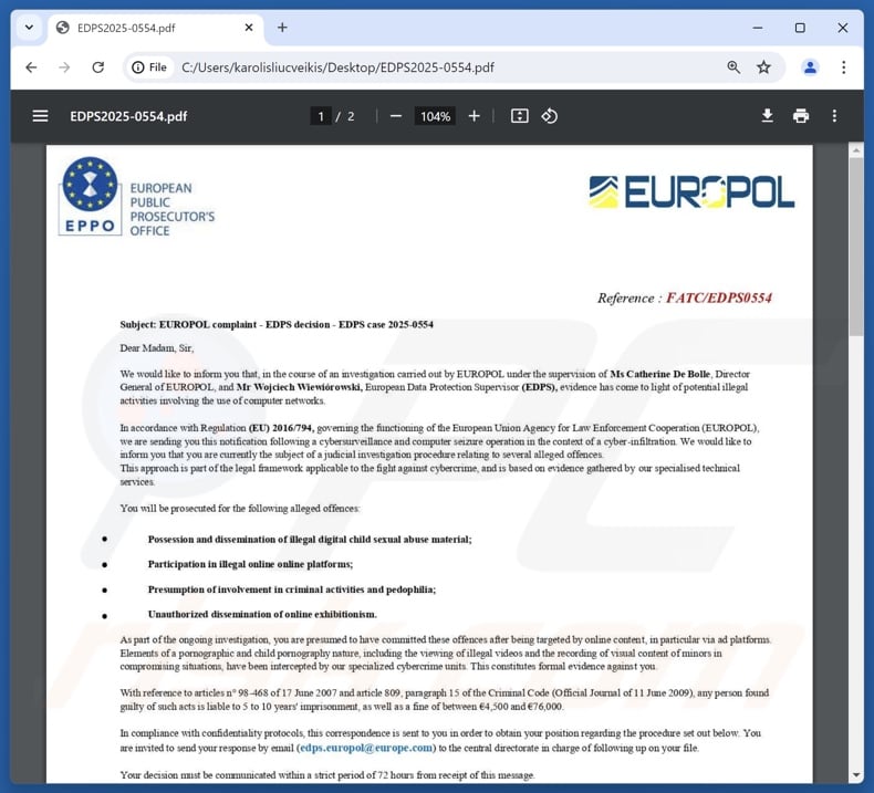 European Data Protection Supervisor scam email attachment (EDPS2025-0554.pdf)