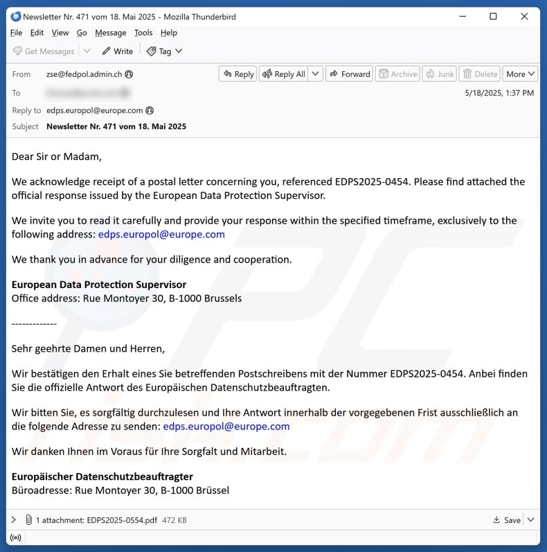 European Data Protection Supervisor email spam campaign