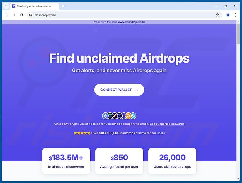 Find Unclaimed Airdrops drainer scam (claimdrop[.]world)