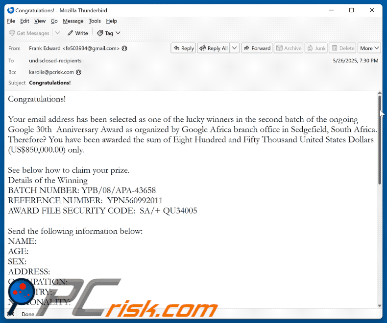 Google Anniversary Award scam email appearance (GIF)