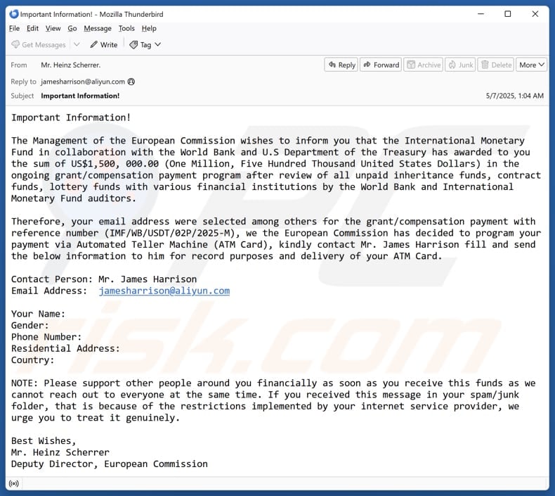 Grant/Compensation Payment Program email spam campaign