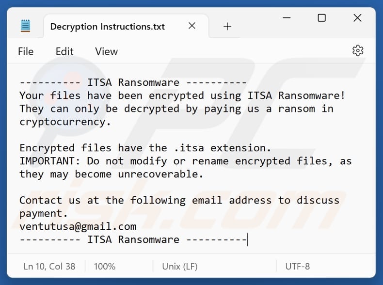 ITSA ransomware text file (Decryption Instructions.txt)