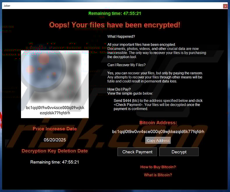 Joker Ransomware pop-up window (2025-05-13)