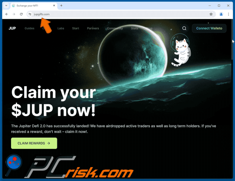 Appearance of Jupiter (JUP) Rewards scam (GIF)