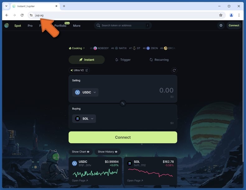 Appearance of the real Jupiter website (jup.ag)