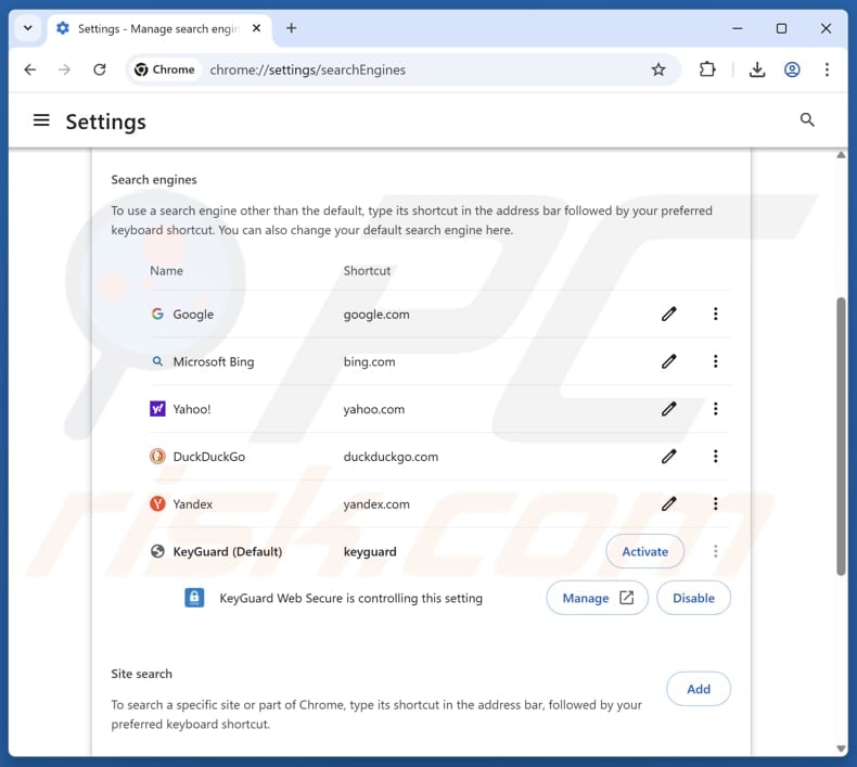 Removing keyguard-websecure.com from Google Chrome default search engine