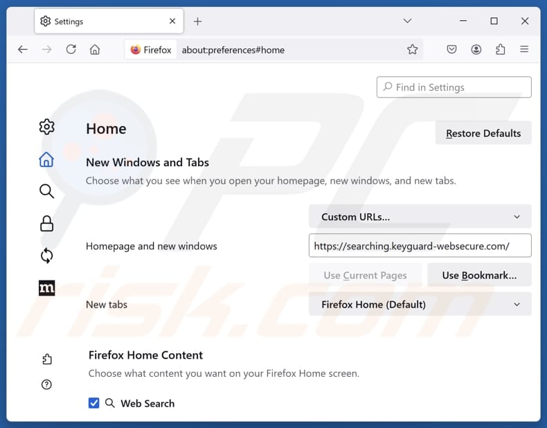 Removing keyguard-websecure.com from Mozilla Firefox homepage