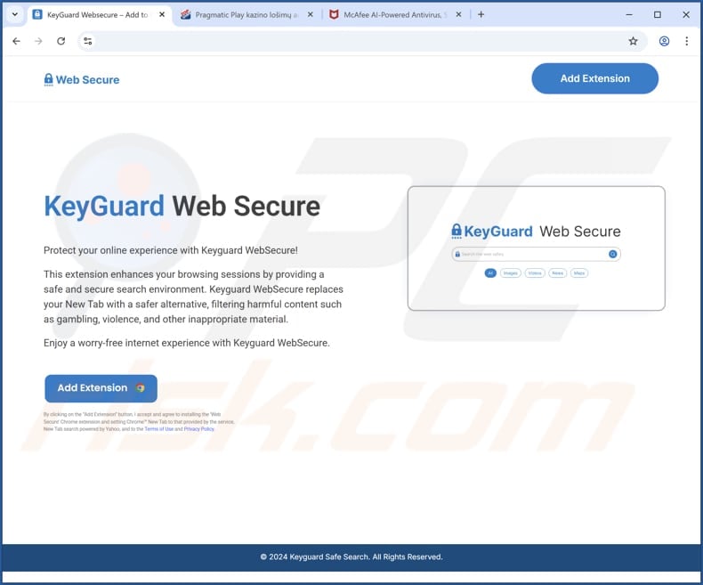 Website used to promote KeyGuard Web Secure browser hijacker