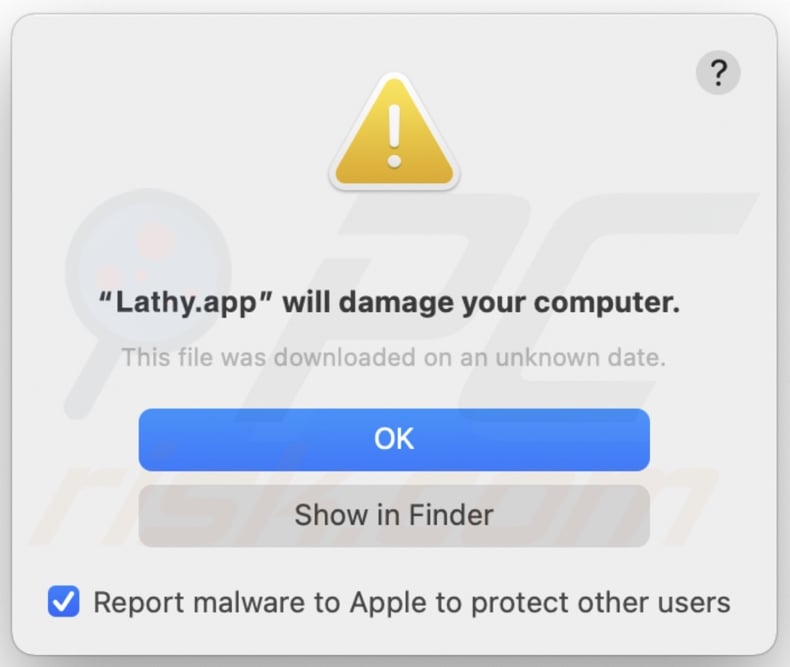 Pop-up displayed when Lathy.app adware is detected on the system