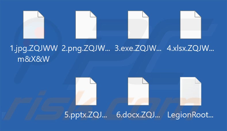 Files encrypted by LegionRoot ransomware (random character string extension)