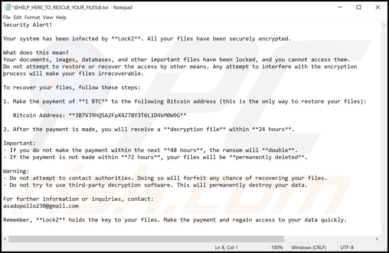 LockZ ransomware text file (@HELP_HERE_TO_RESCUE_YOUR_FILES@.txt)