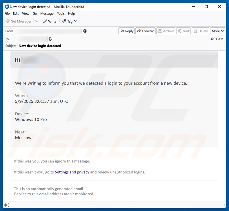 Login From A New Device Email Scam (2025-05-09)