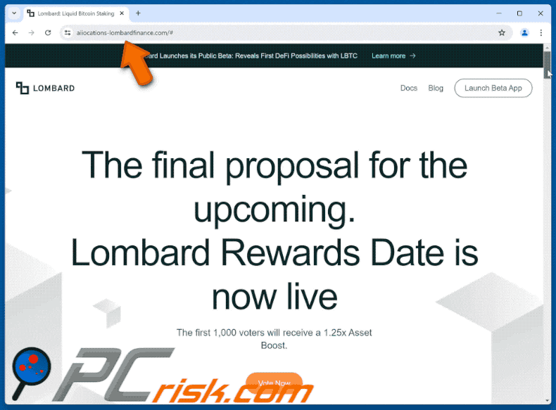 Appearance of Lombard Rewards scam