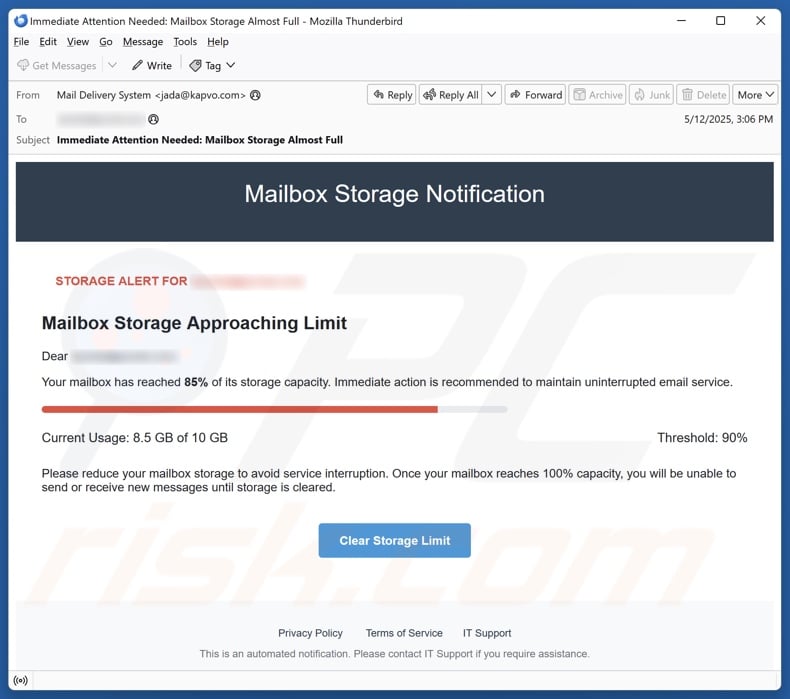 Mailbox Storage Notification email spam campaign