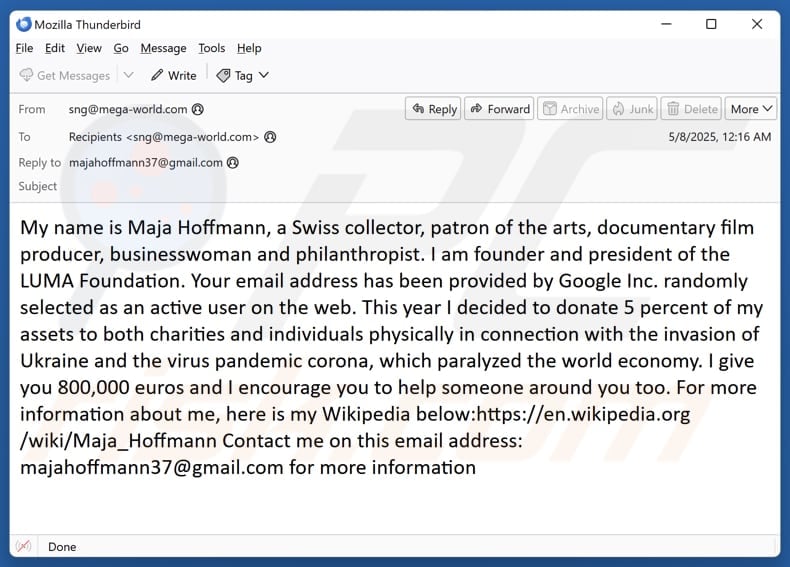 Maja Hoffmann Donation email spam campaign