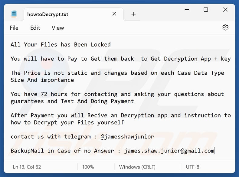 Mammon ransomware ransom note (howtoDecrypt.txt)