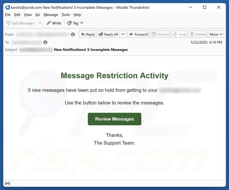 Message Restriction Activity email spam campaign