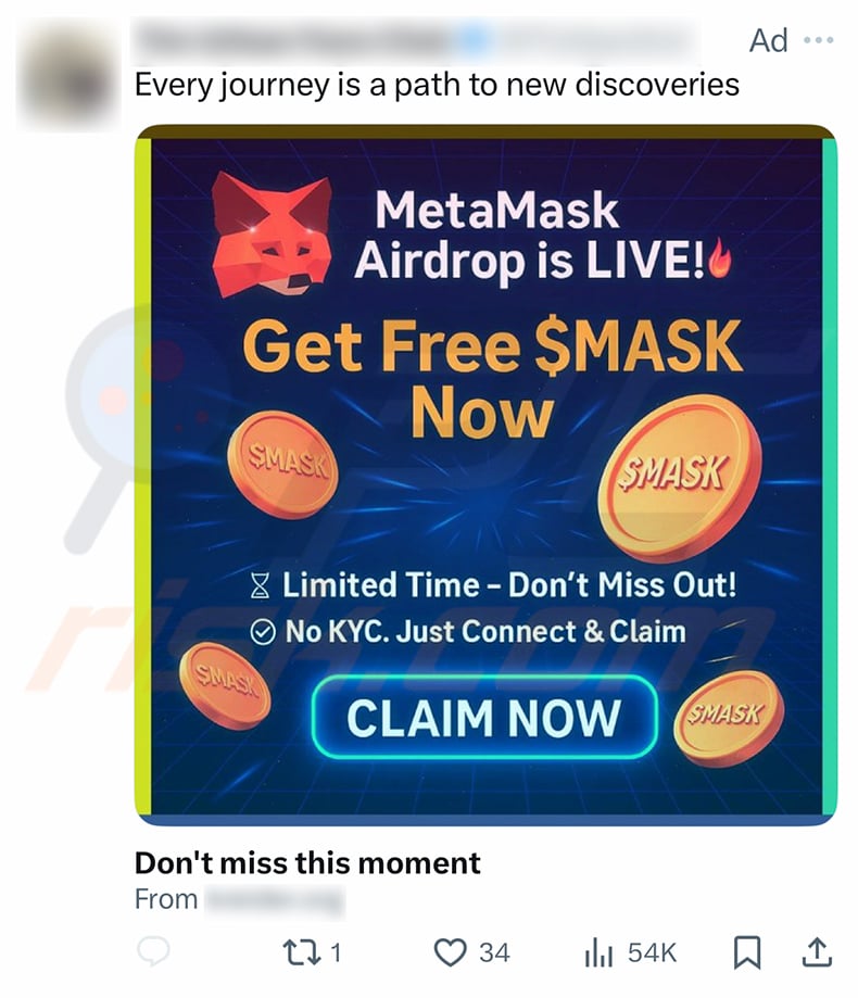 X post promoting Metamask Airdrop scam website (metahub[.]world)
