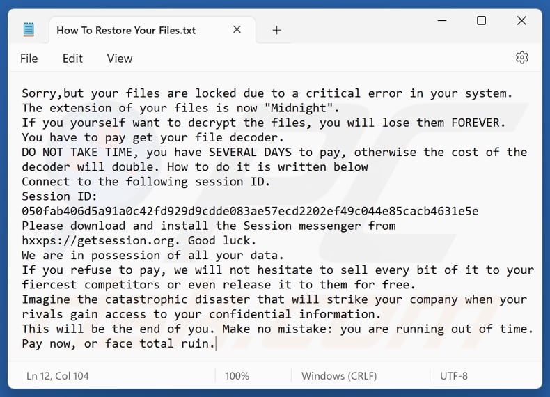 Midnight ransomware ransom note (How To Restore Your Files.txt)