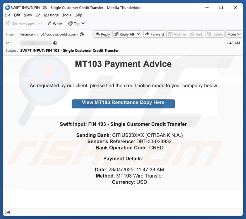 MT103 Payment Advice email spam campaign