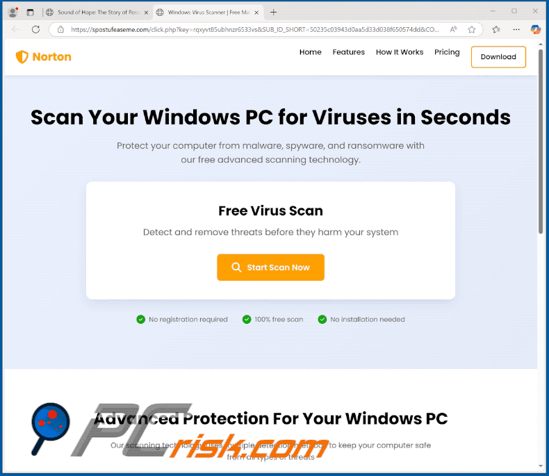 Appearance of Norton - Scan Your Windows PC For Viruses In Seconds scam (GIF)